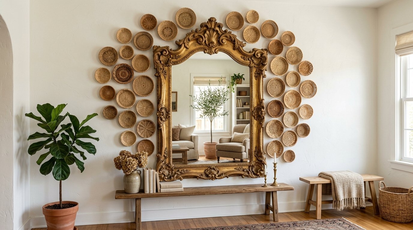 A decorative gold antique-style mirror hung on a wall with a semi-circle of woven baskets and a wooden bench below.