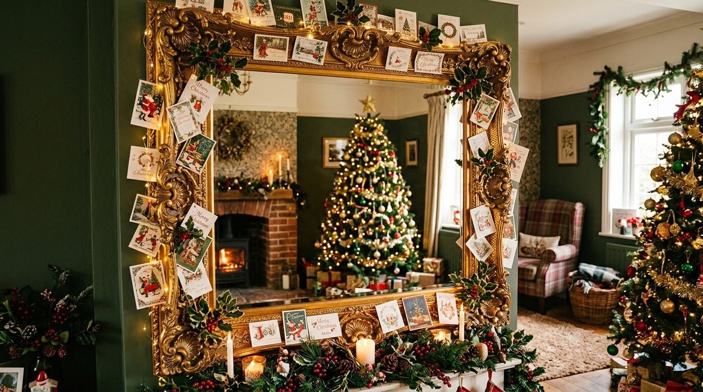 An ornate gold-framed mirror reflecting a lit Christmas tree and fireplace, adorned with numerous seasonal cards.