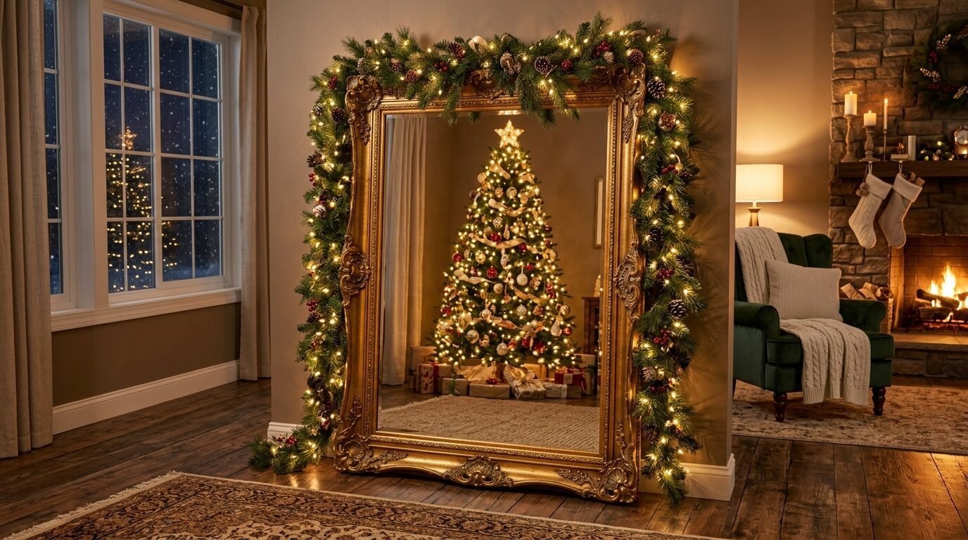 An ornate gold frame mirror draped in lit garland, reflecting a decorated Christmas tree with presents.