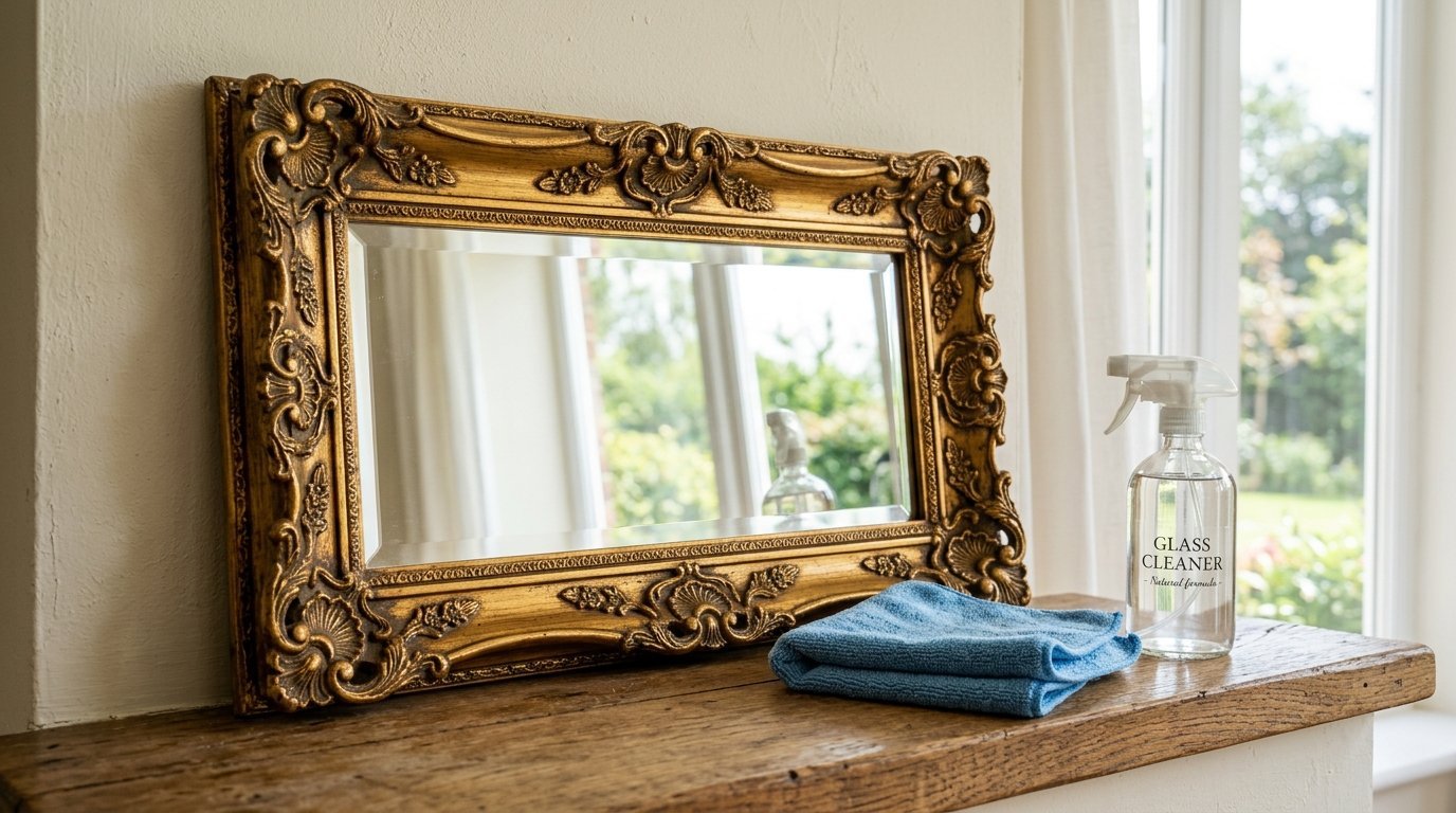 Decorative antique gold frame mirror sitting on a wooden surface next to a spray bottle and blue cleaning cloth.
