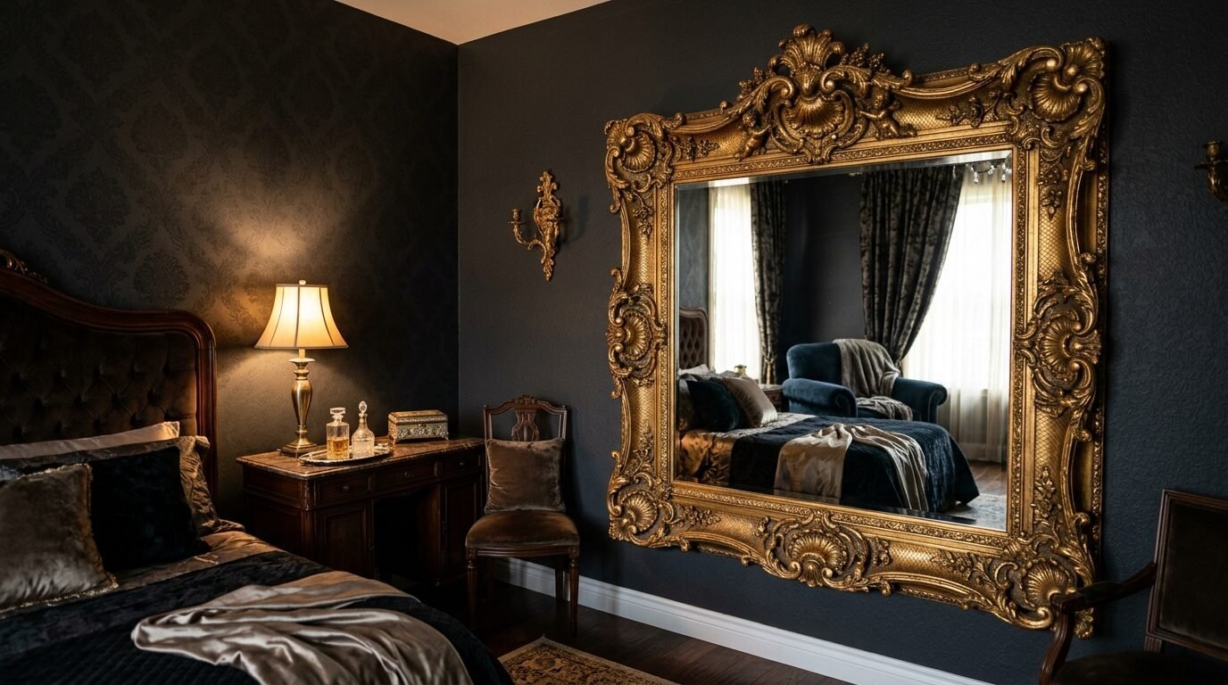 Close up of an oversized antique gold frame mirror hanging on a dark patterned wall in a bedroom.