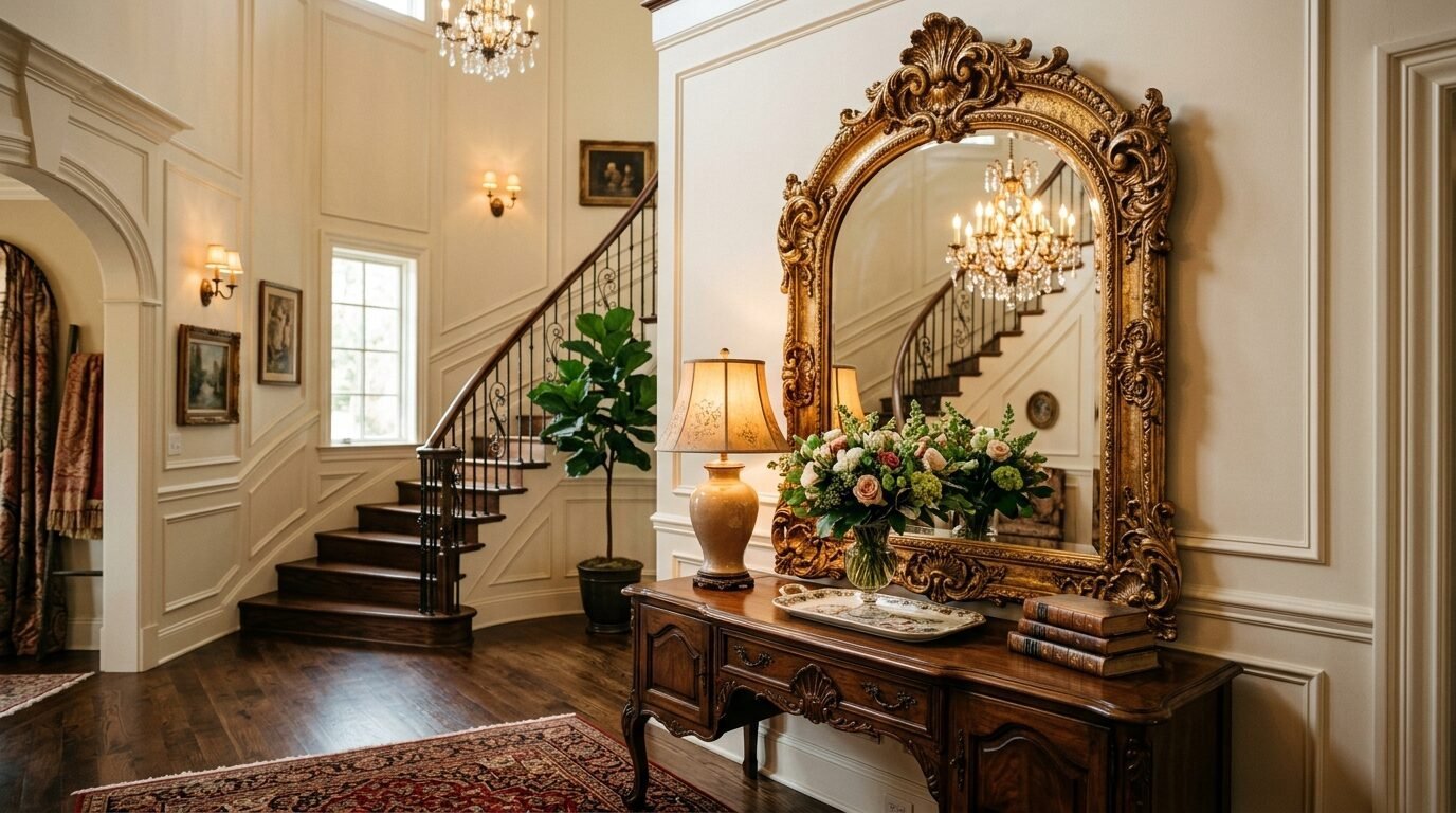 An ornate gold mirror hangs above a wooden console table with flowers in a luxurious home entryway.