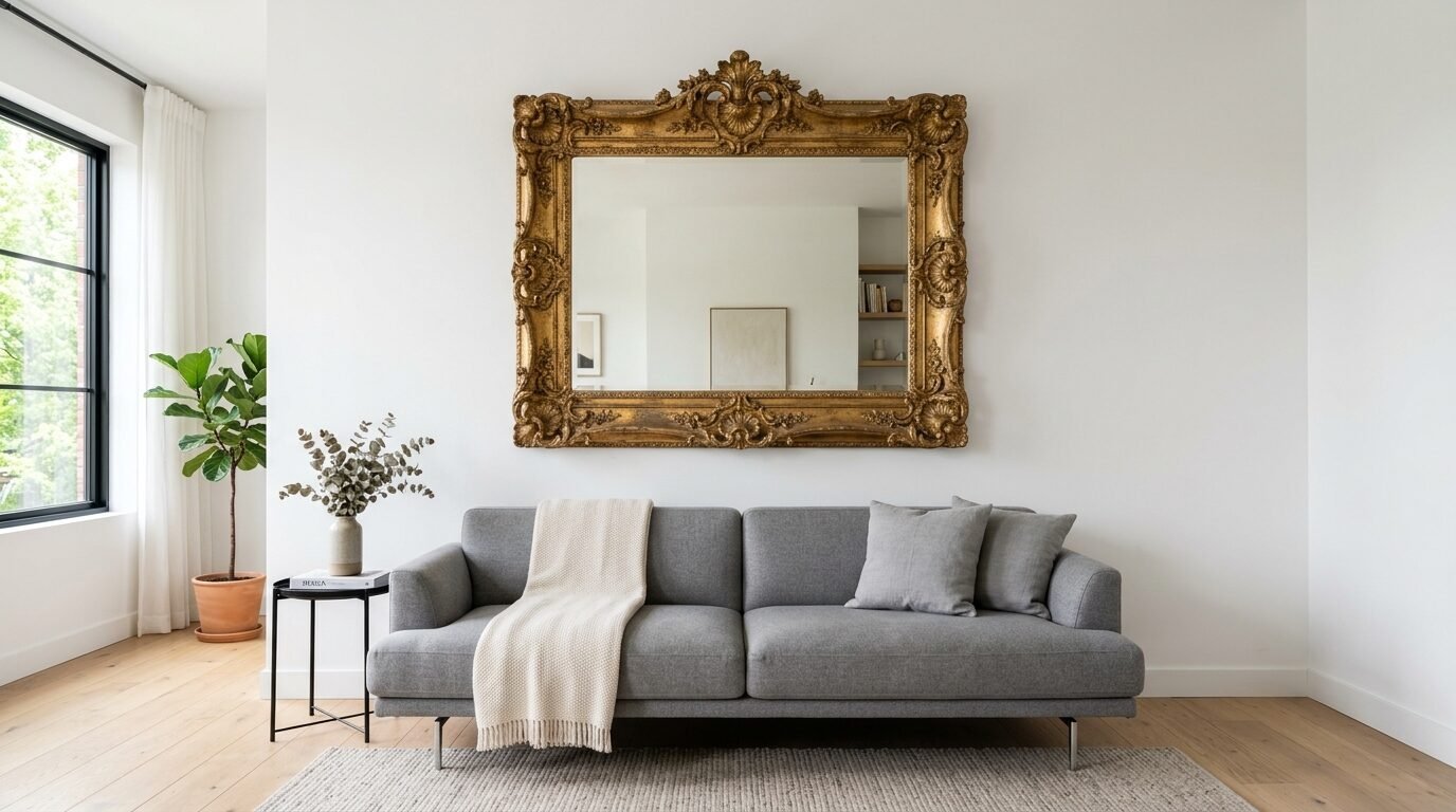 Living room featuring a heavy gold-framed mirror mounted over a modern grey sofa with a cream throw blanket.
