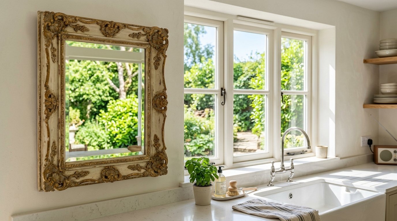 Decorative gold-framed mirror on a white wall next to a farmhouse sink and sunlit garden window.