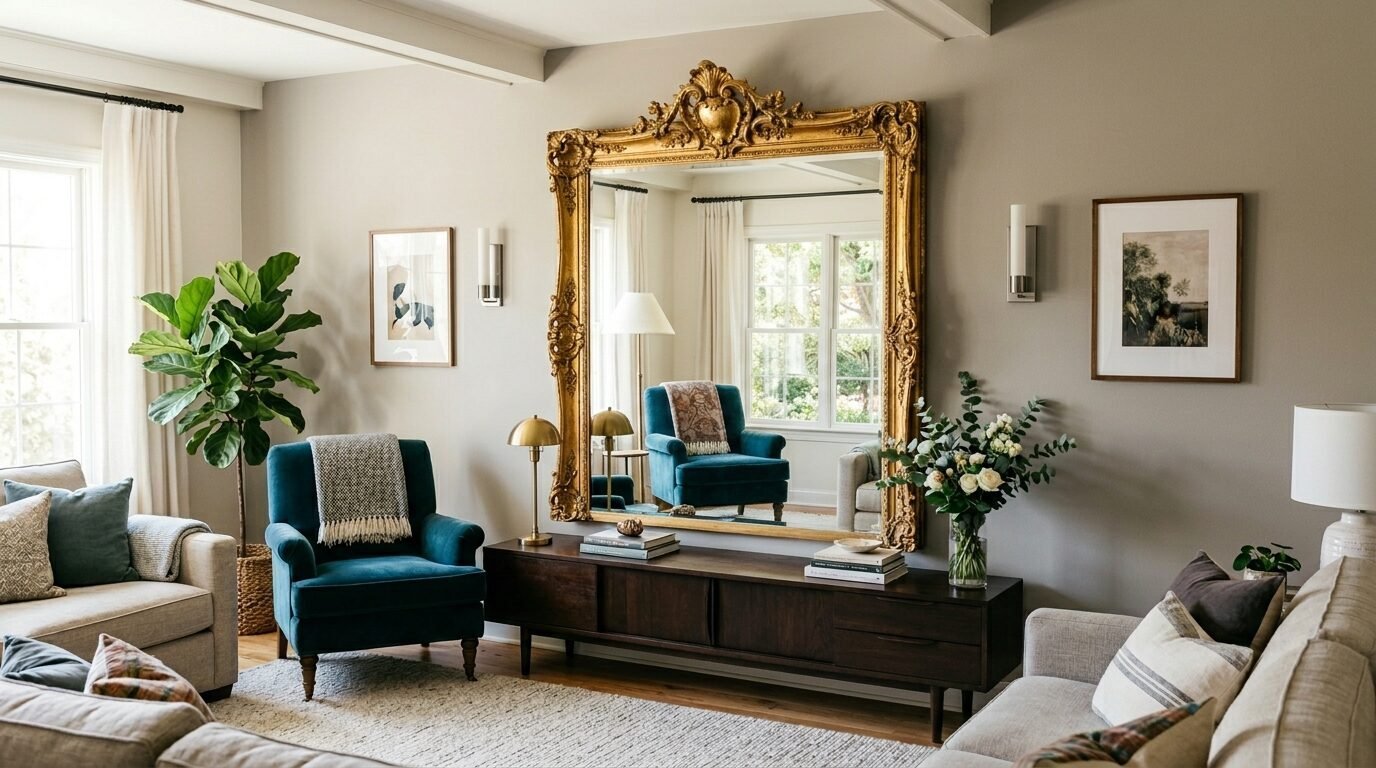 A decorative antique gold mirror hangs over a wooden sideboard in a stylish living room featuring teal armchairs.