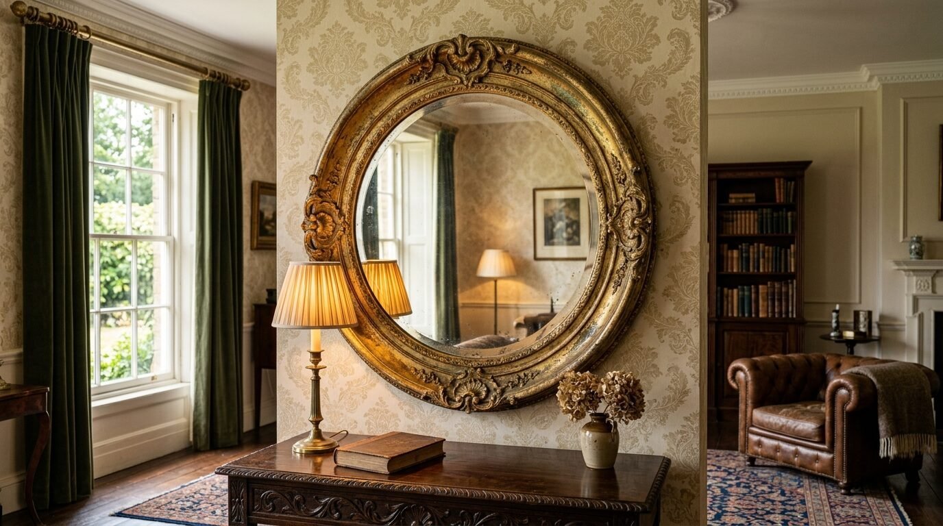 Round antique gold mirror hanging above a wooden console table with a lamp and book.