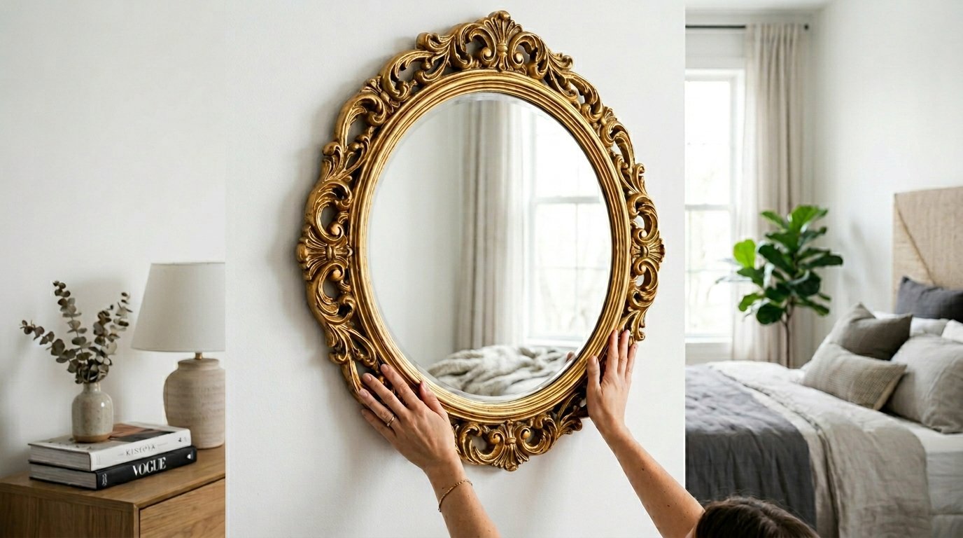 Close up of hands positioning an oval gold framed mirror on a white bedroom wall.
