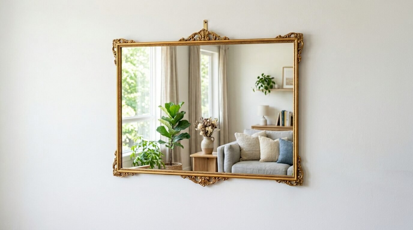 Ornate gold framed mirror reflecting a cozy living room with a couch, plants, and natural window light.