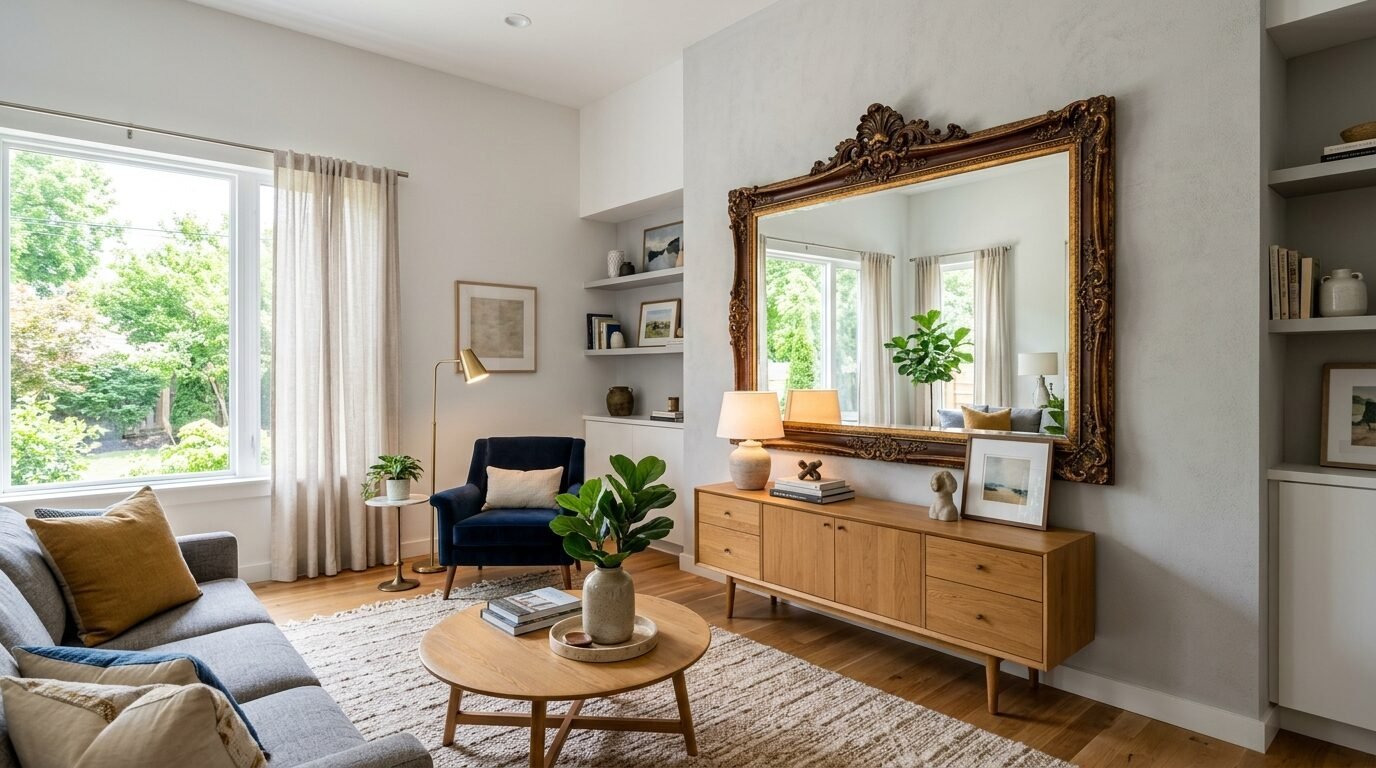 A mid-century modern living room with a vintage gold wall mirror, wood sideboard, and navy blue accent chair.