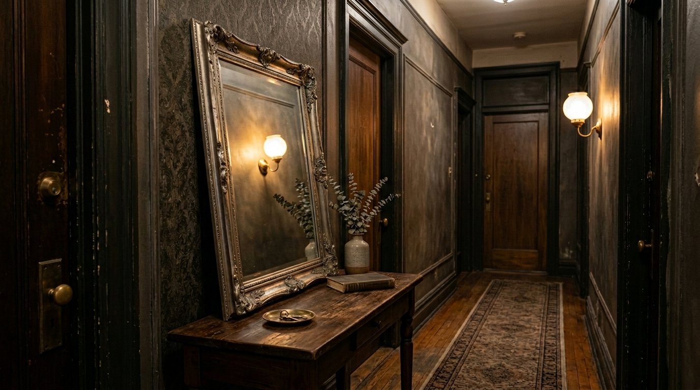 An ornate mirror reflects a hallway wall sconce, resting on a dark wood table with a vase and old book.