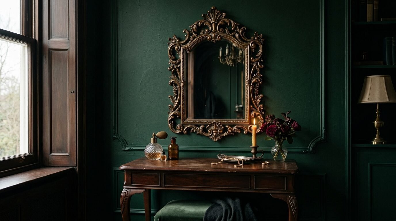 An antique wooden vanity desk placed against deep green panelled walls with a decorative gold frame mirror above.