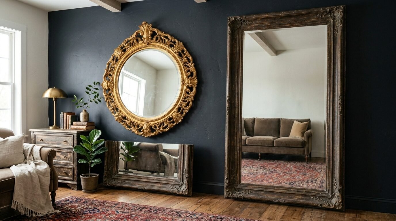 Round antique gold mirror hung above a floor mirror in a room with dark moody walls.