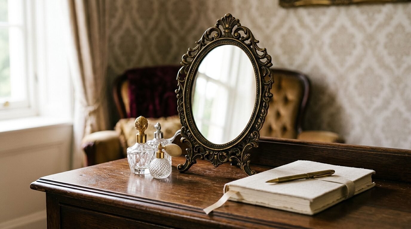 An antique brass oval mirror on a wooden desk with crystal perfume bottles and a cream-colored notebook.