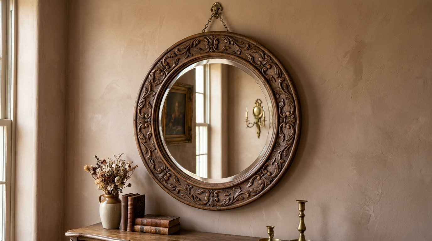 Round mirror with an intricate wooden frame hanging above a wooden console table with vintage books and flowers.