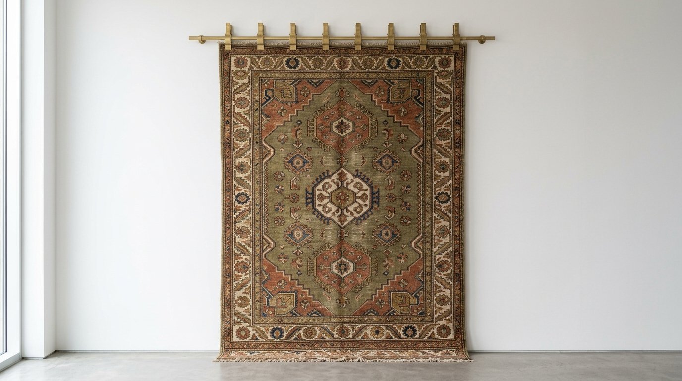 An antique oriental style area rug featuring green and terracotta tones hung vertically on a decorative brass fixture.