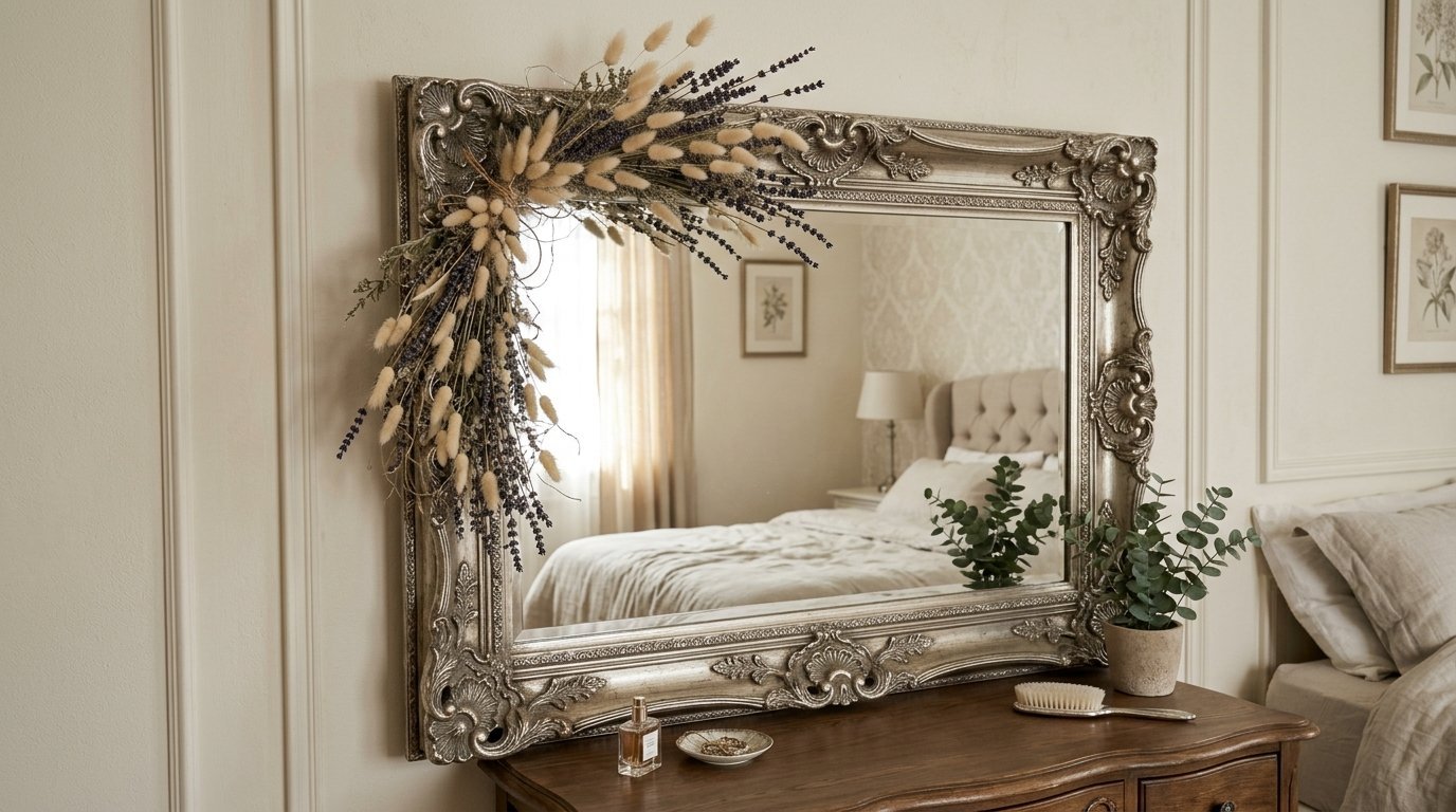 An antique-style silver framed mirror reflecting a cozy bedroom with dried flowers draped across the corner.