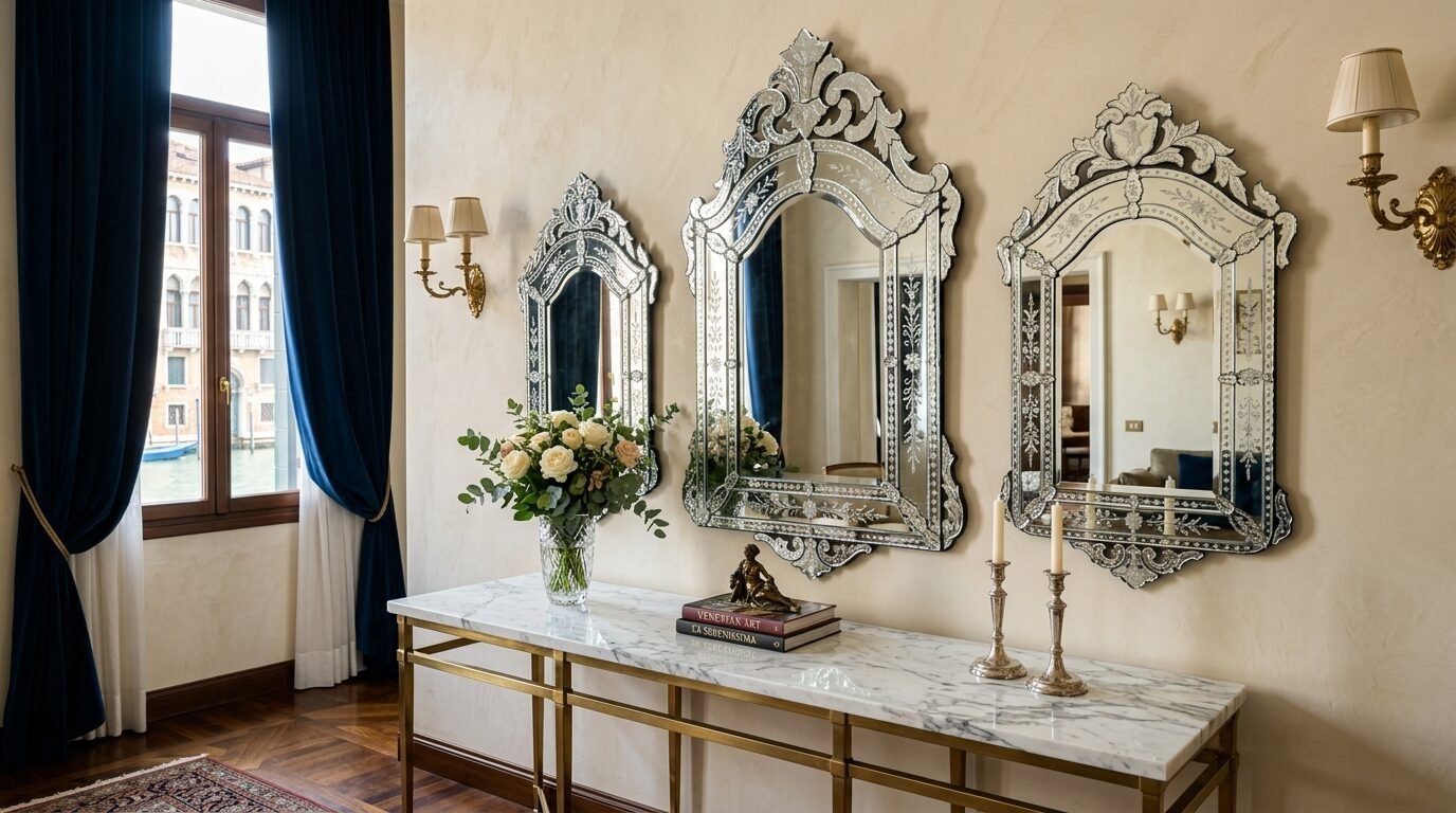 A luxury interior featuring three decorative glass mirrors, a marble tabletop, fresh flowers, and a canal view.