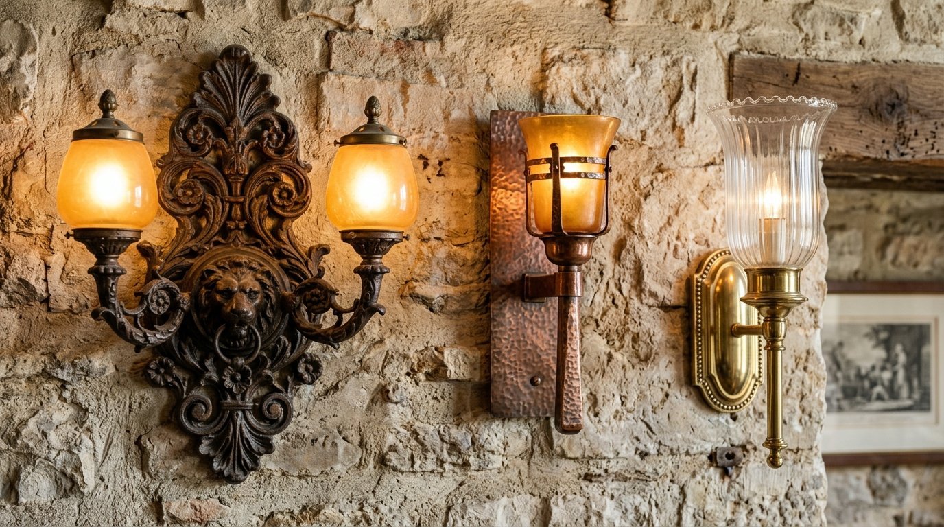 A lion-motif iron sconce, a hammered copper lantern, and a brass glass fixture on a textured stone interior wall.