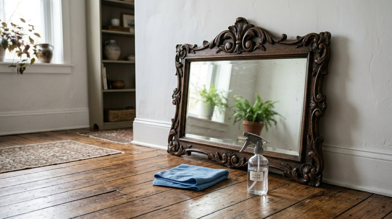A vintage-style mirror with a dark wood frame sits on a floor next to a blue cleaning cloth and a spray bottle.