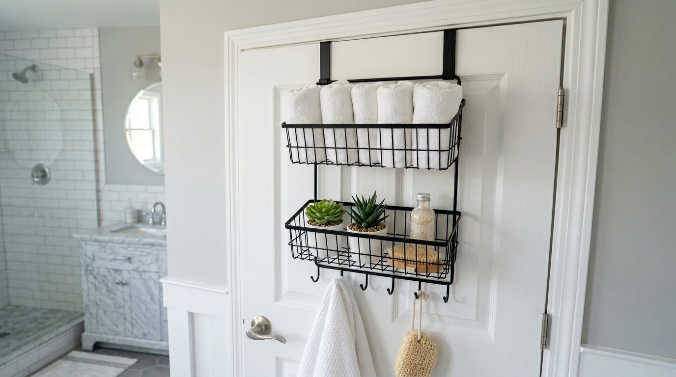 Black metal basket organizer with rolled towels, plants, and bath accessories mounted on a white door.