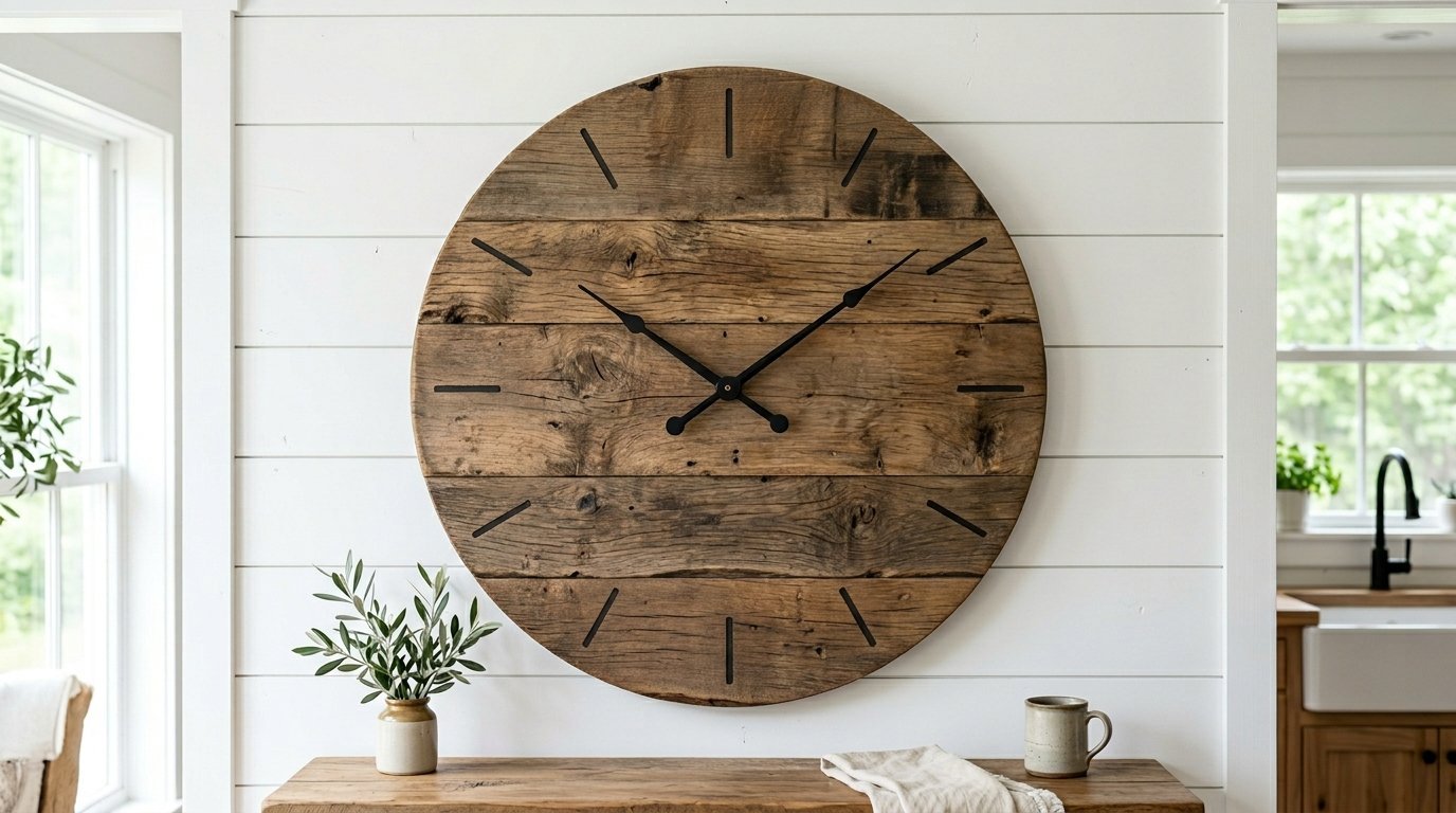 Round wall clock made from horizontal wood planks with black hands mounted on a white shiplap wall.