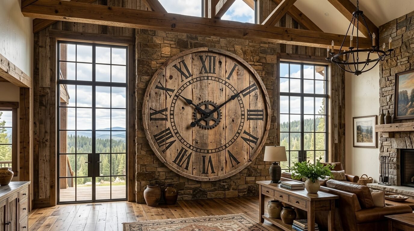 An antique-style wooden clock with Roman numerals hangs on a rough-hewn stone wall in a cozy mountain cabin.