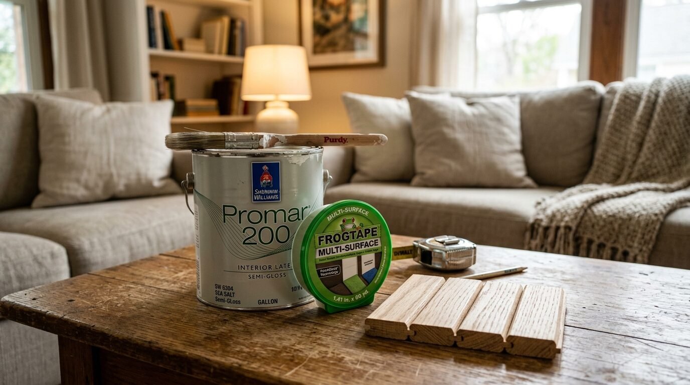 A gallon of Promar 200 paint, a paintbrush, FrogTape, and wood samples resting on a rustic coffee table.