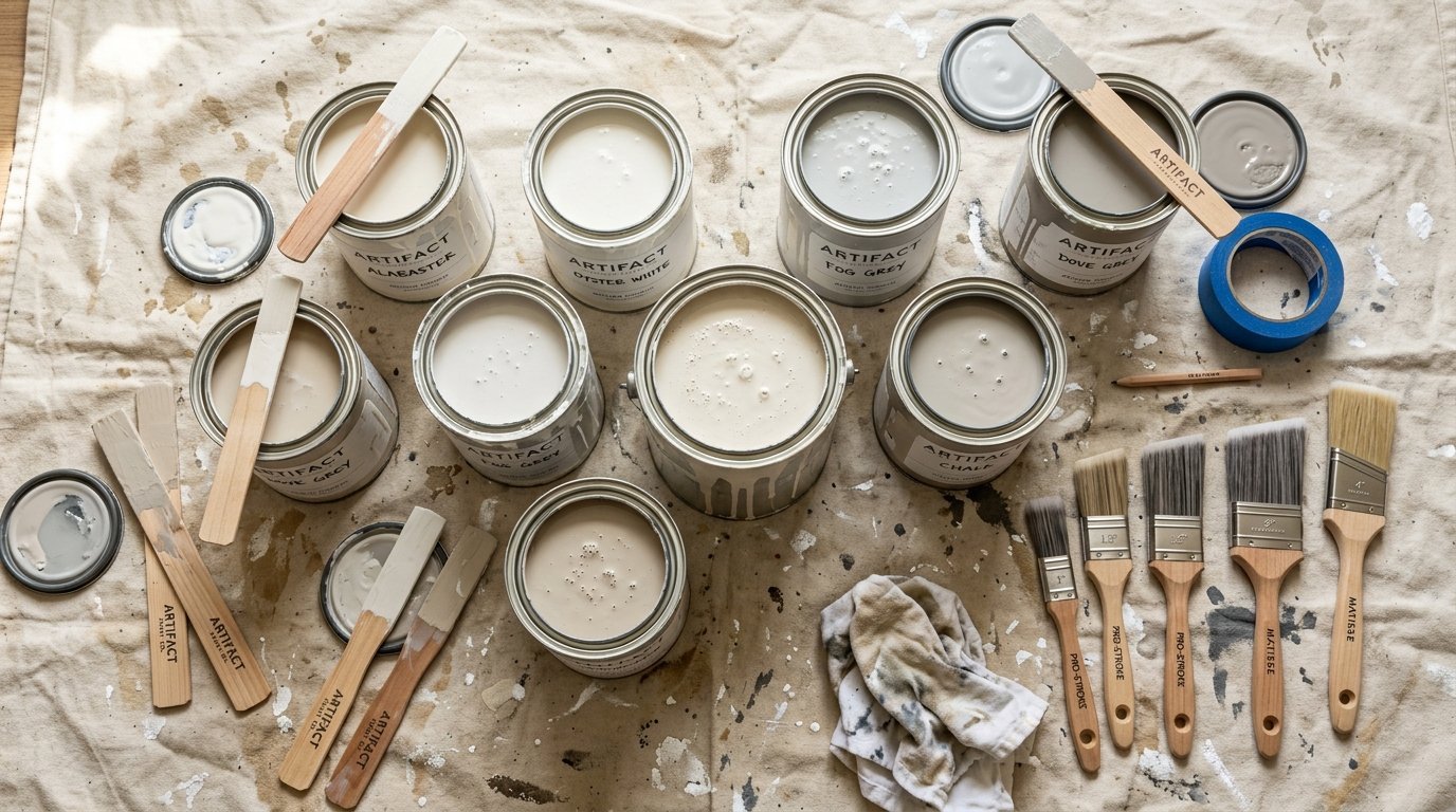 Top-down view of open paint cans, stirring sticks, and brushes laid out on a stained drop cloth.