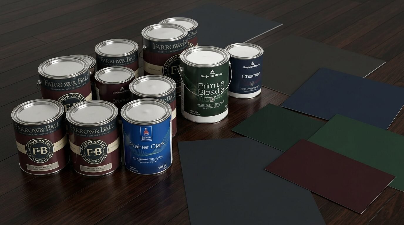 Group of Farrow and Ball and Benjamin Moore paint cans arranged on a dark wooden floor with paper color samples.
