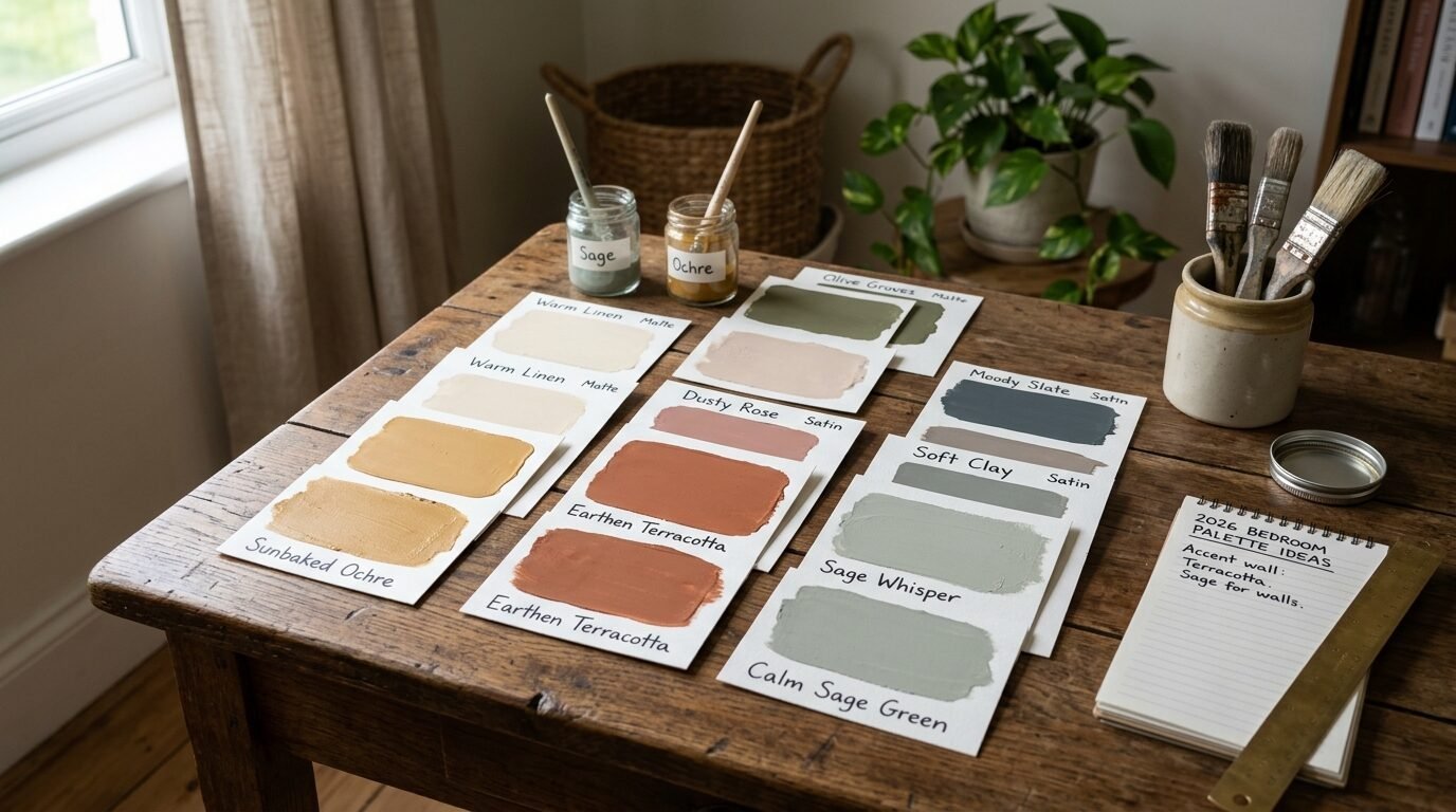 Rows of painted paper samples with names like Sunbaked Ochre and Sage Whisper on a rustic table with brushes.