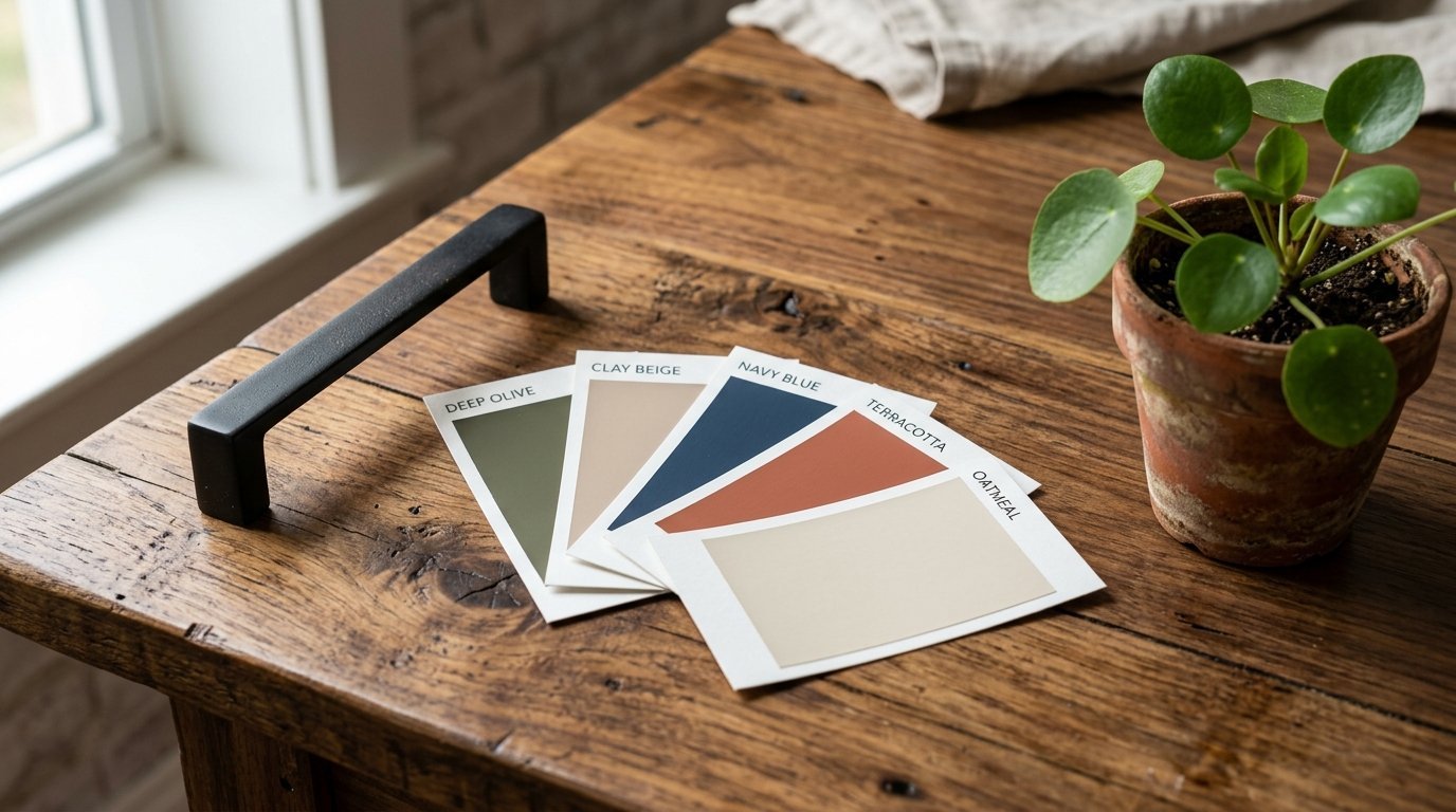 A fan of labeled paint sample cards resting on a wooden surface next to a small potted Pilea plant.