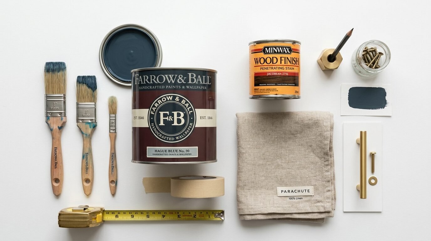 Flatlay view of paintbrushes, Farrow & Ball paint, wood stain, linen cloth, brass hardware, and measuring tape.