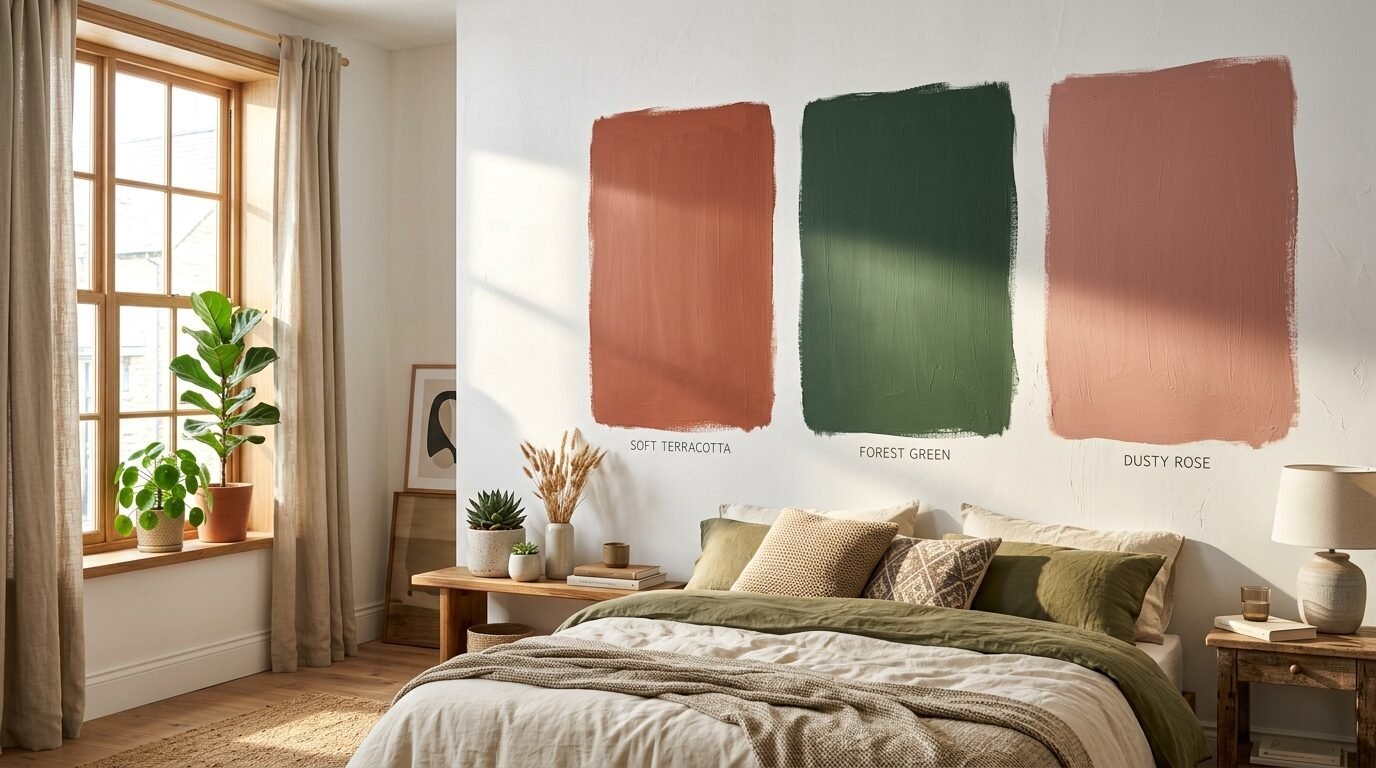 Bedroom wall featuring large painted squares in terracotta, forest green, and dusty rose with matching bedding.