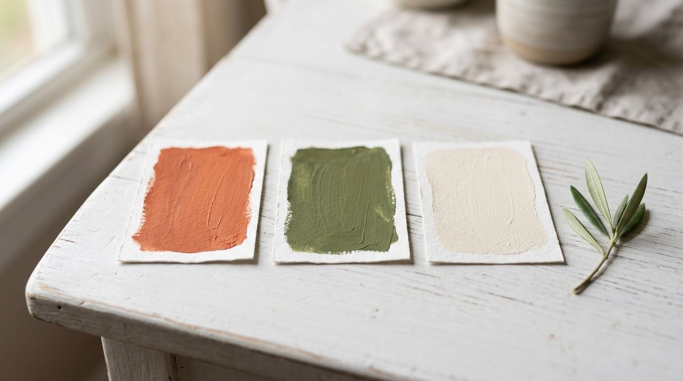 Orange, olive green, and cream paint samples arranged on a painted white wooden surface next to an olive sprig.