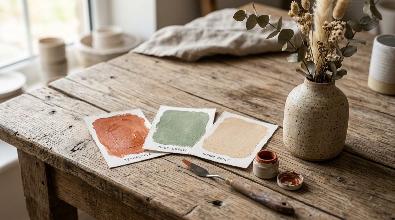 Paint swatches in terracotta, sage green, and warm beige sitting near a vase of dried flowers and a palette knife.