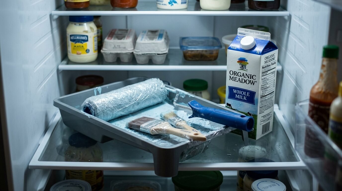 Plastic paint tray containing a roller and two brushes placed on a shelf inside a refrigerator next to milk.