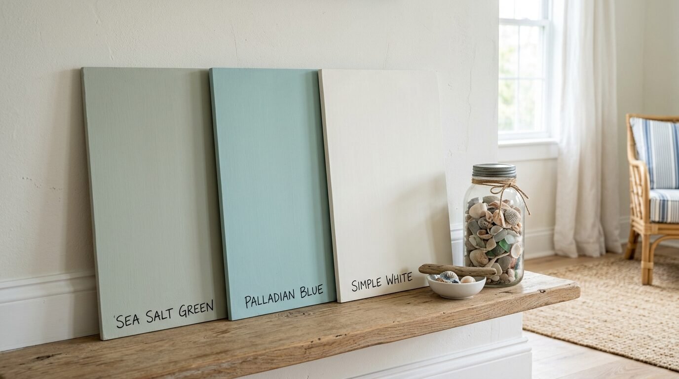 Three rectangular boards painted sea salt green, palladian blue, and simple white leaning against a white wall.