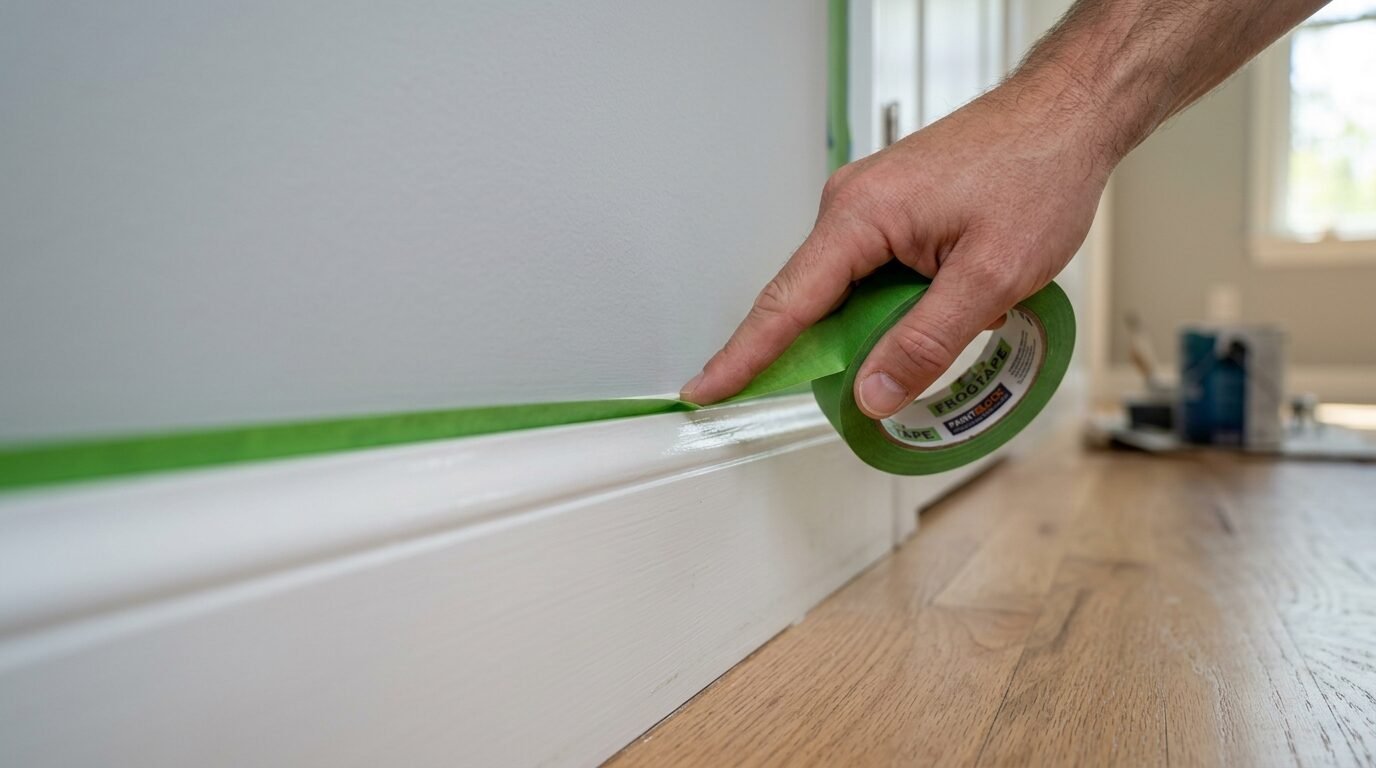 A person applies bright green FrogTape along the edge of white baseboards and a grey wall.