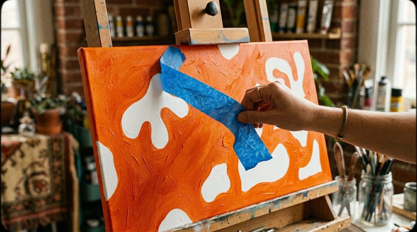 Close up of a hand removing blue masking tape from a white and bright orange textured art piece on an easel.