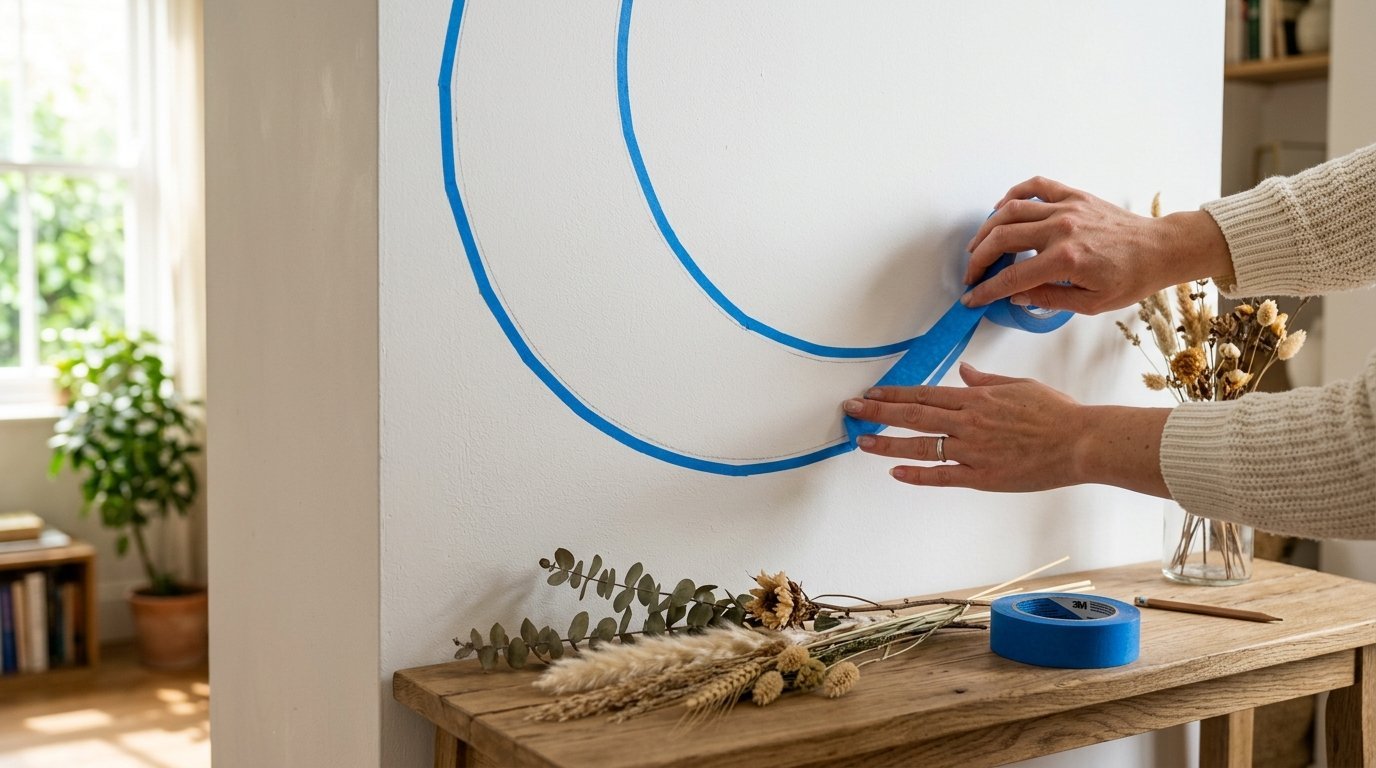 Close-up of hands placing painter's tape on a white wall to outline a curved graphic shape.