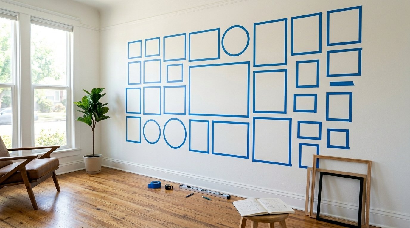 Blue painter tape rectangles and circles mapped out on a white wall for a gallery display.