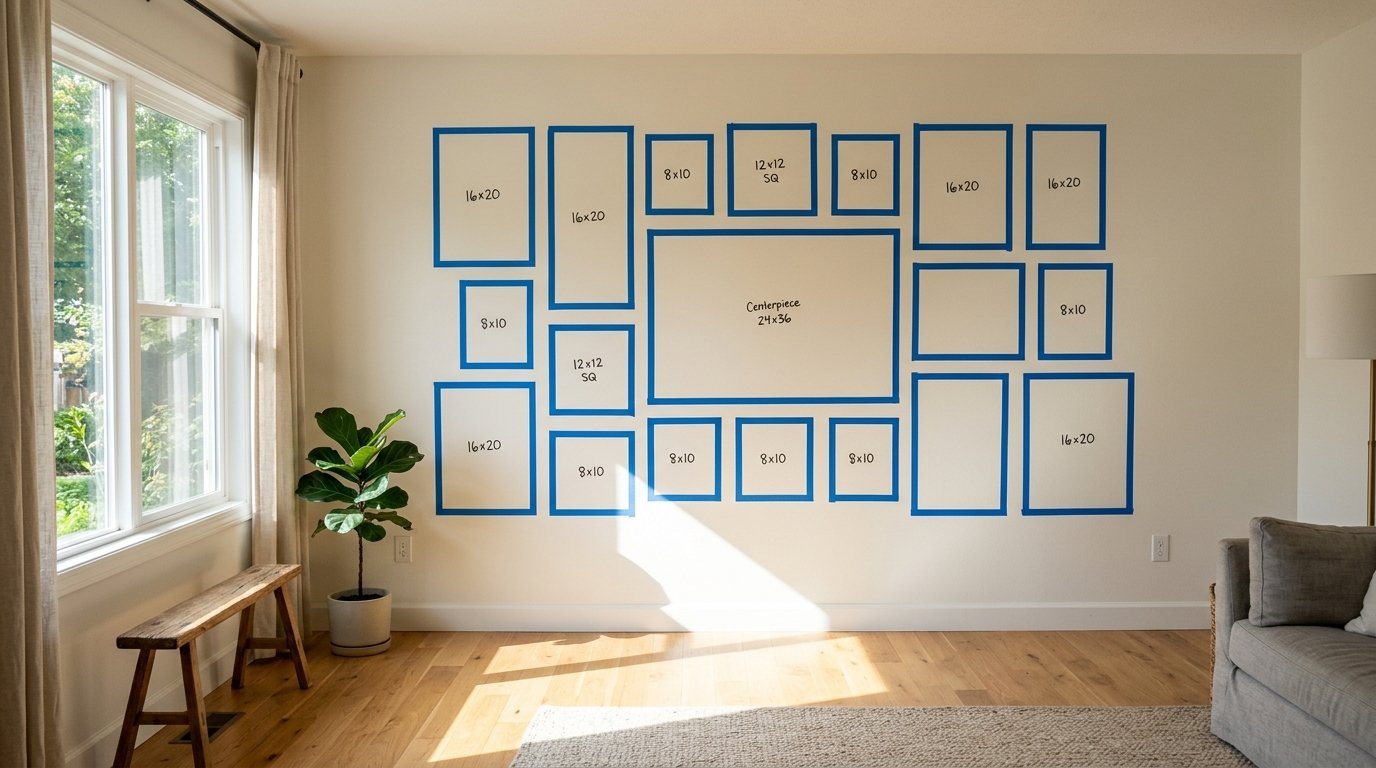 Blue painter tape outlines of various rectangular photo frames mapped out on a white interior wall.