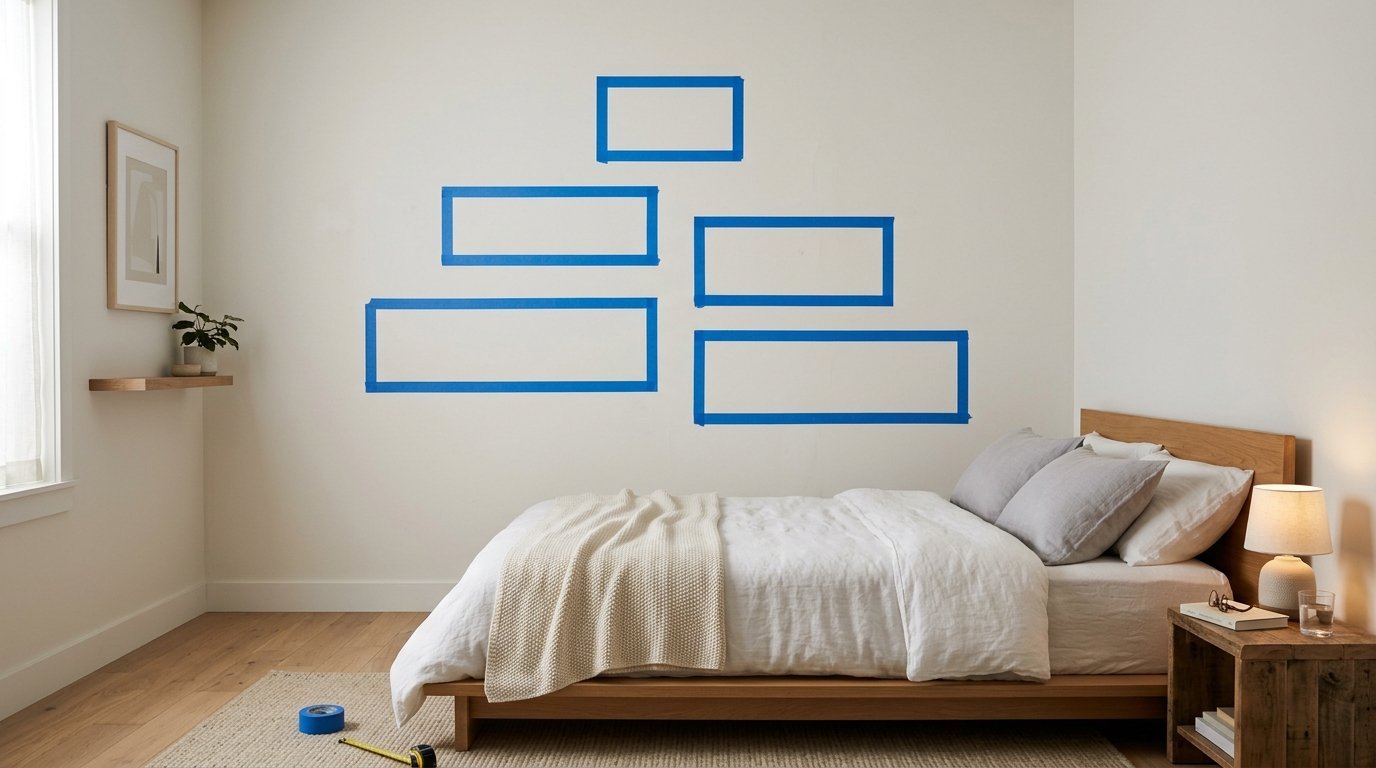 Blue painter tape rectangles arranged on a blank bedroom wall above a wooden bed frame.