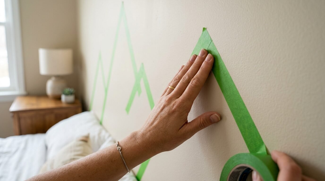 Close up of a hand pressing painter tape onto a bedroom wall to outline a mountain range pattern.
