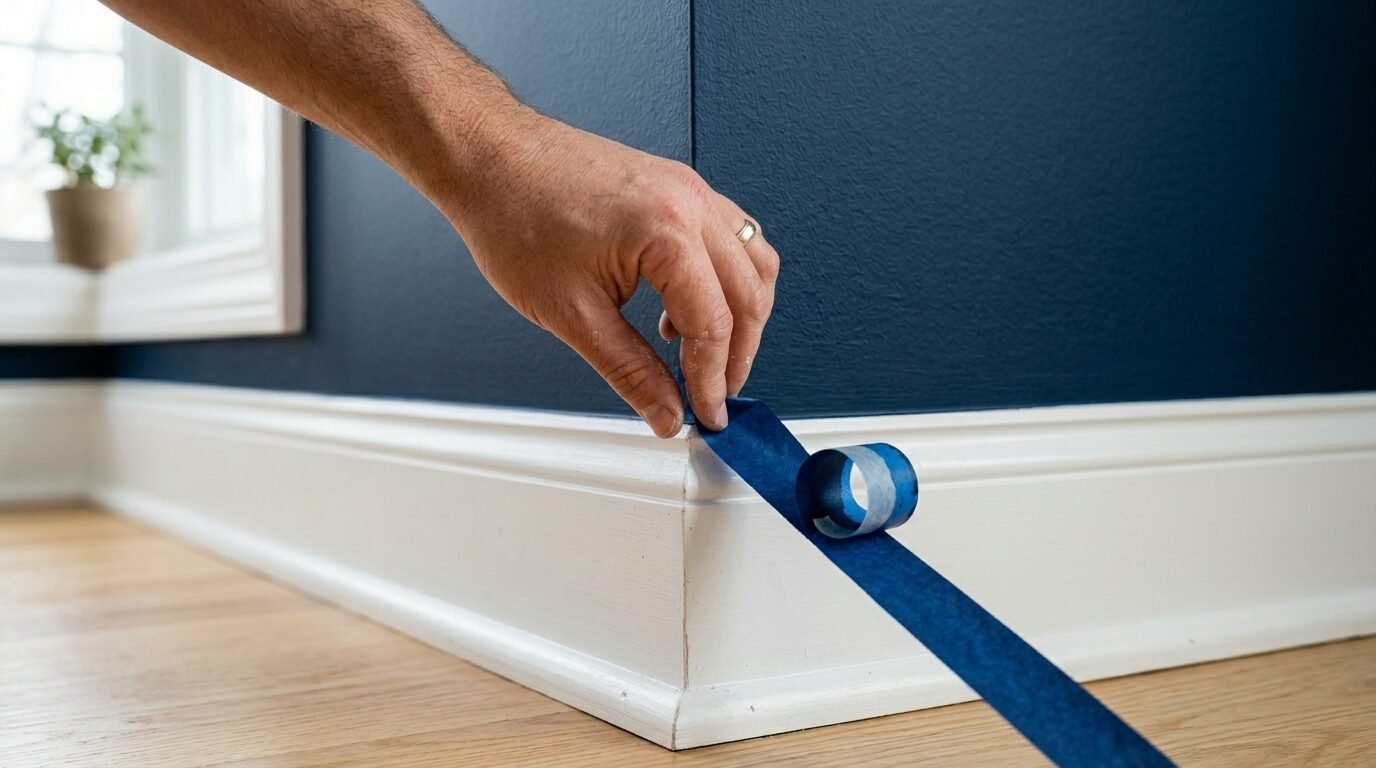 Close up of a hand pressing blue masking tape along the edge of a white wooden baseboard on a dark navy wall.