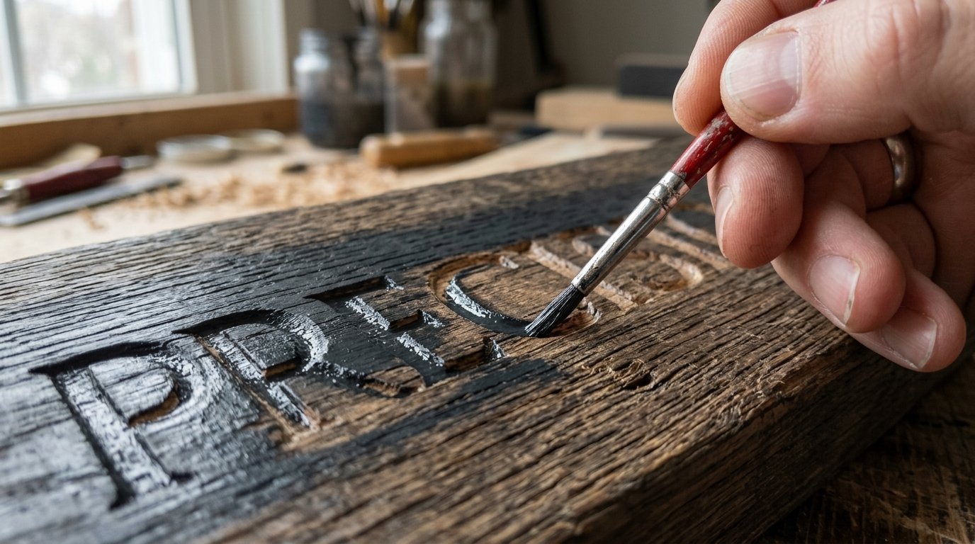 A person using a small brush to fill in the carved letters on a rough textured wooden board.