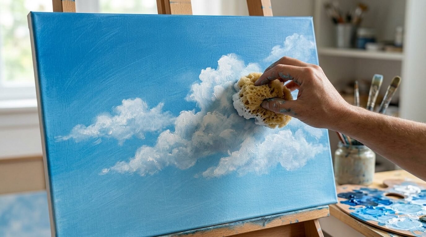 A person's hand dabs white paint onto a blue canvas using a natural sponge to create realistic cloud shapes.