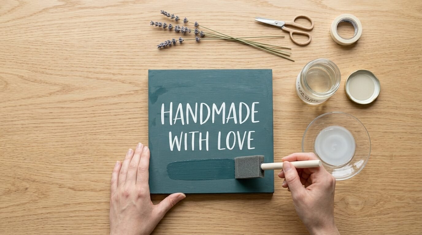 Close-up of hands using a foam brush to paint a square teal sign that says Handmade With Love on a wooden table.