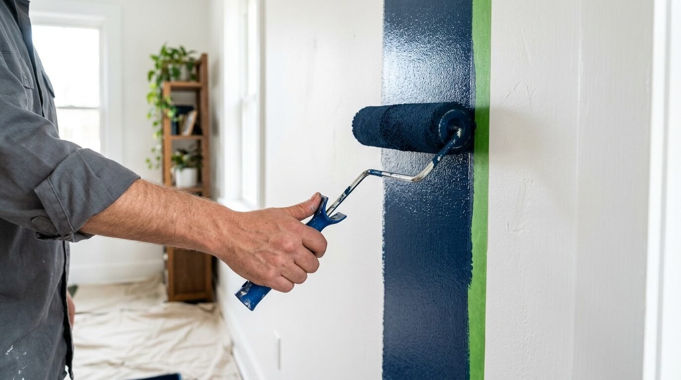 A person using a paint roller to apply dark blue color to a white wall marked with green painter's tape.