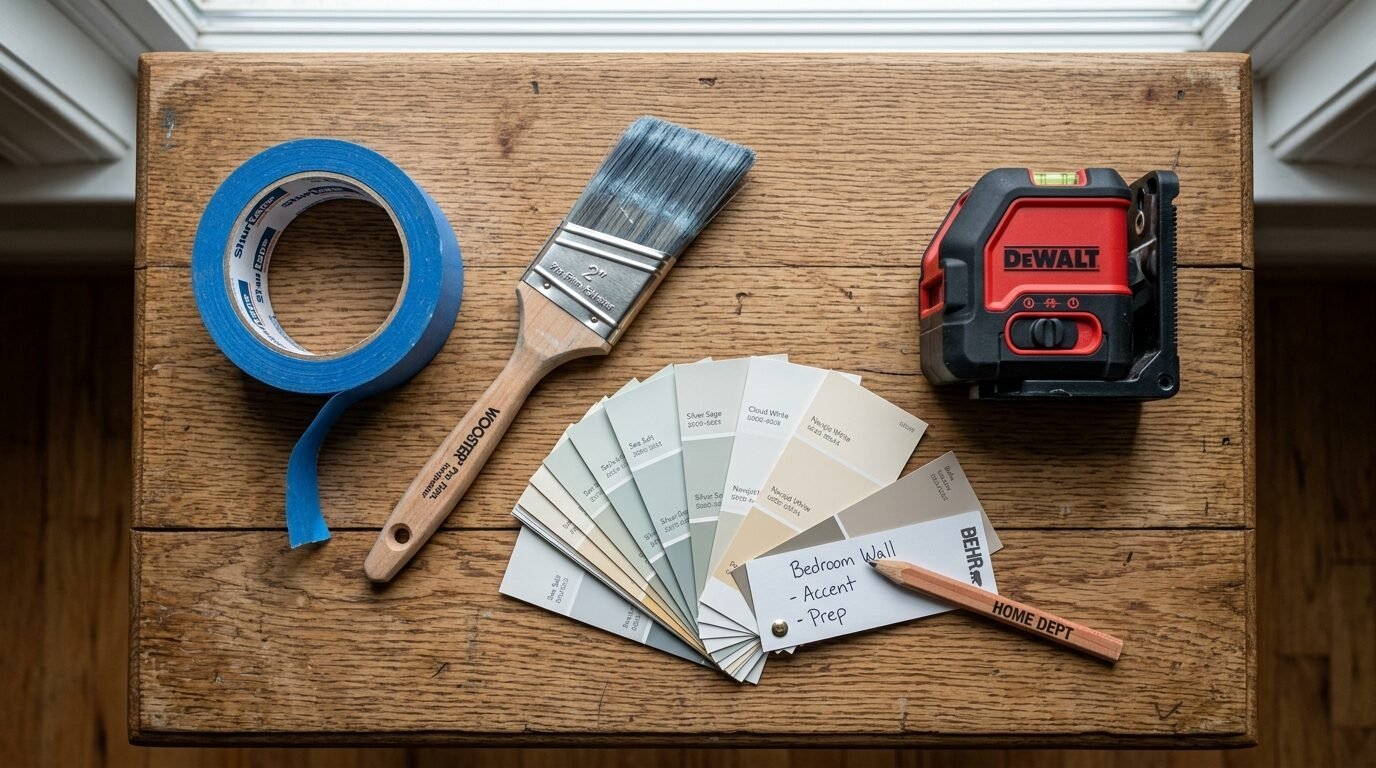 Painter tape, brush, laser level, and Behr color samples on a wooden stool.
